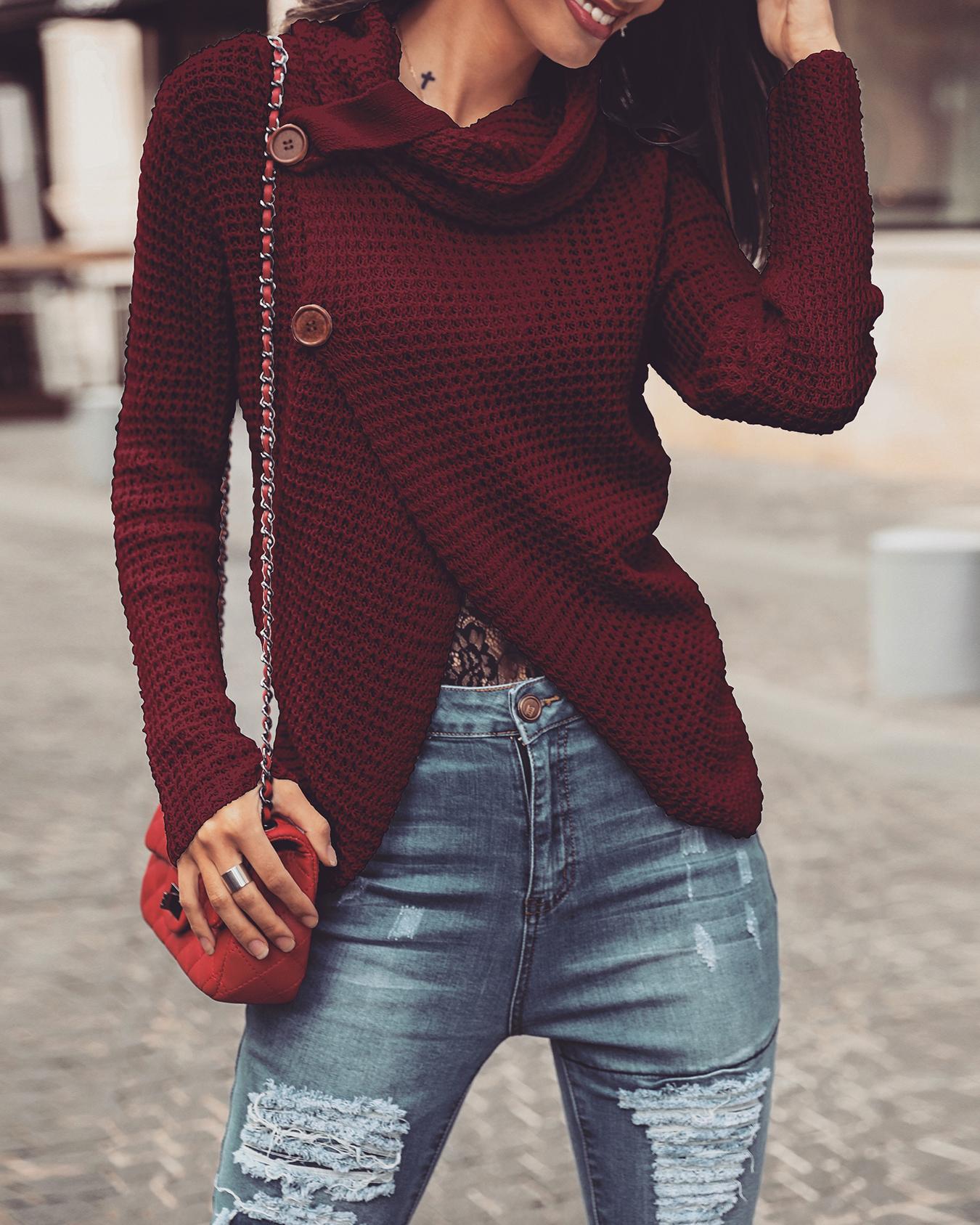 

Solid Long Sleeve Heap Neck Irregular Sweaters