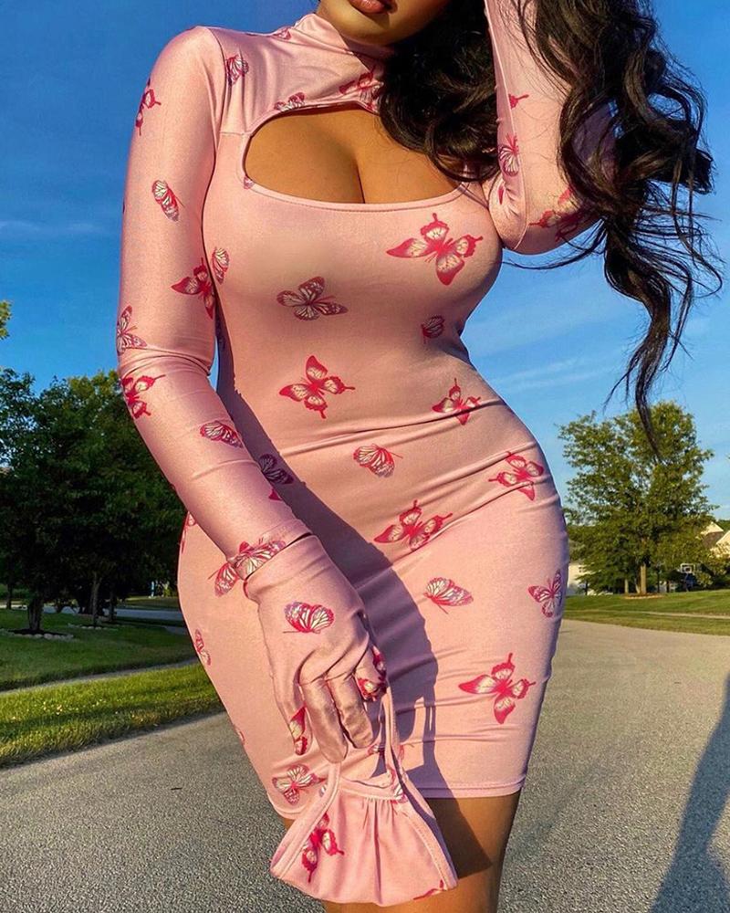 

Butterfly Print Cutout Long Sleeve Bodycon Dress, Pink