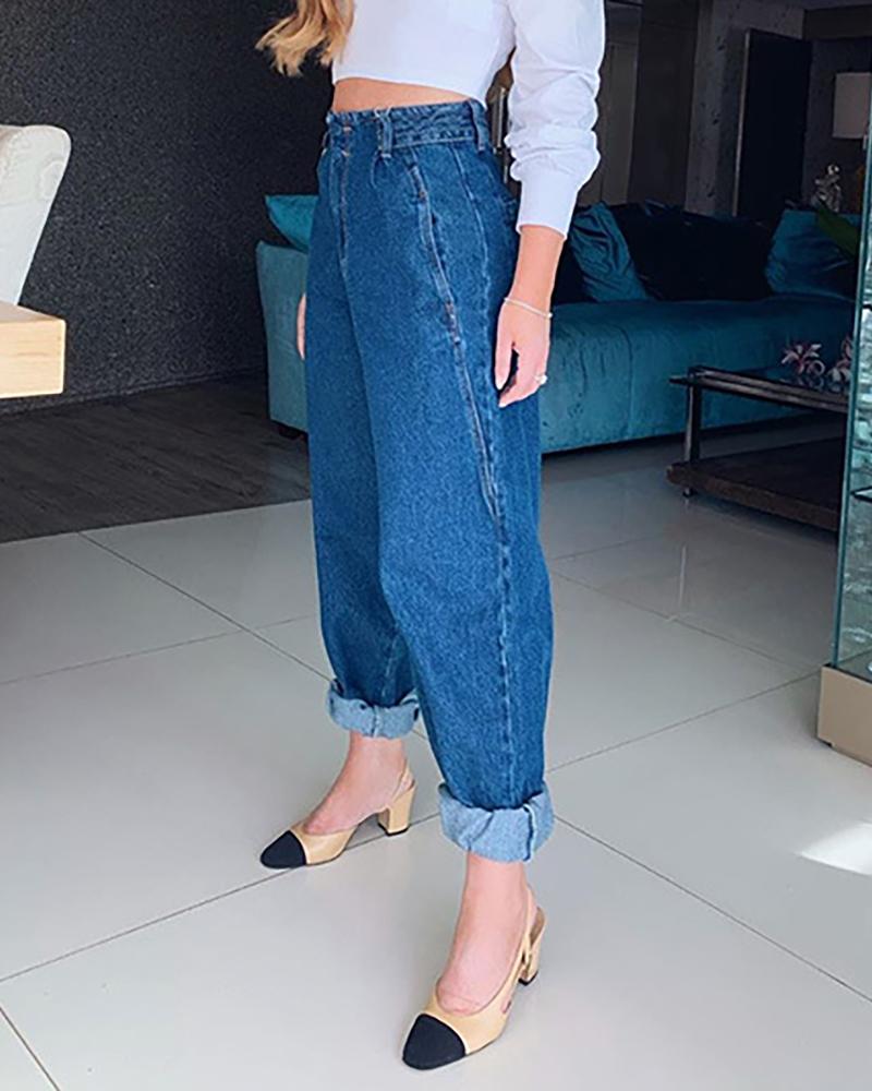 

Buttoned Pocket Design High Waist Jeans, Dark blue