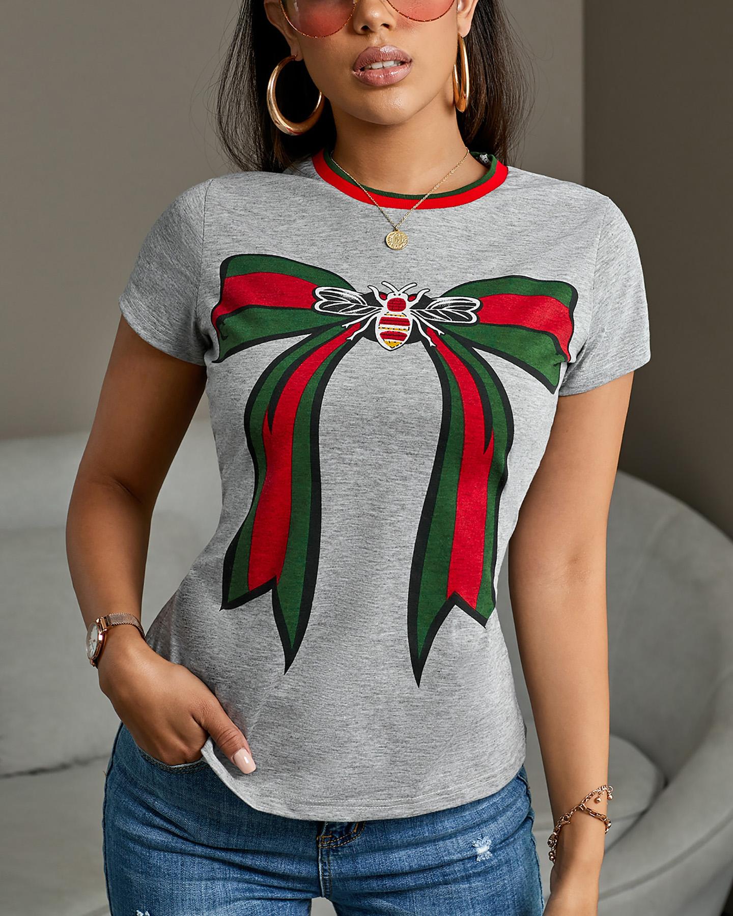 

Oversize Bowknot Striped Print Short Sleeve T-shirt, Gray