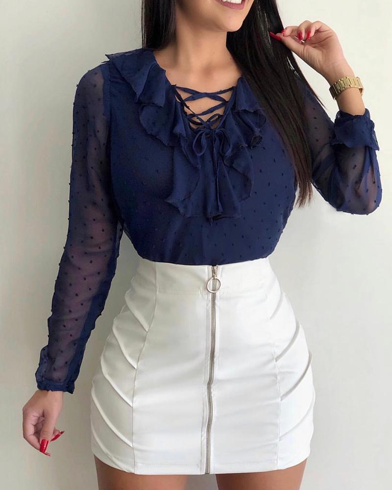 

Mesh Dot Lace-Up Neck Ruffles Design Blouse, Purplish blue