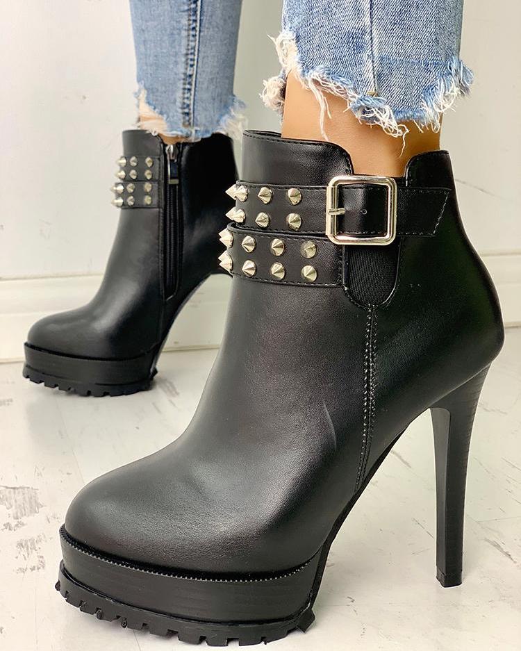 

Pointed Toe Rivet Embellished Thin Heeled Boots, Black