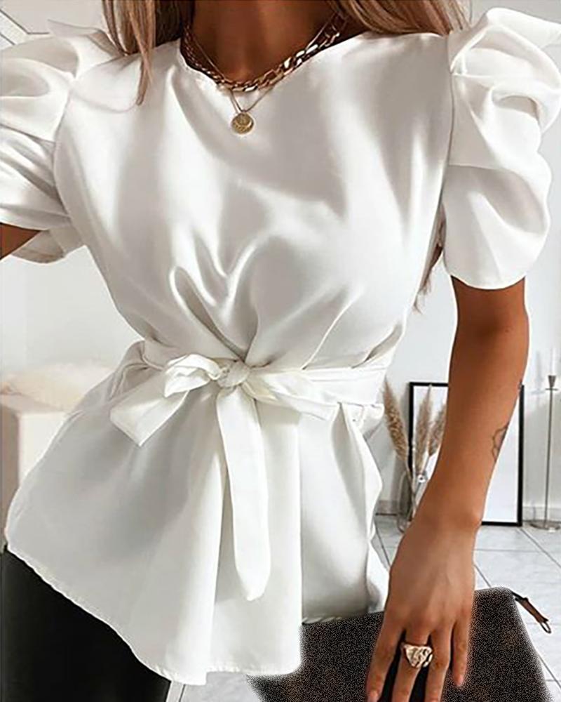 

Puff Short Sleeve Casual Blouse, White