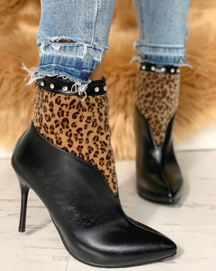 

Leopard Insert Thin Heeled Boots, Black