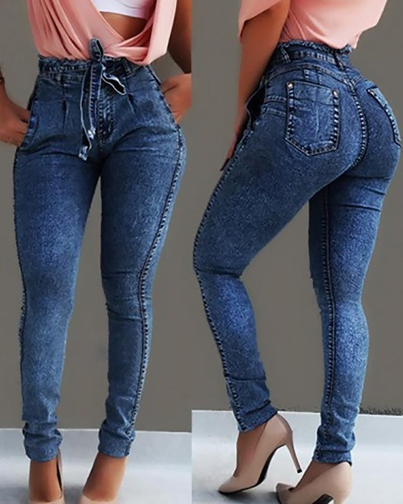 

Solid High Waist Paperbag Waist Jeans, Dark blue