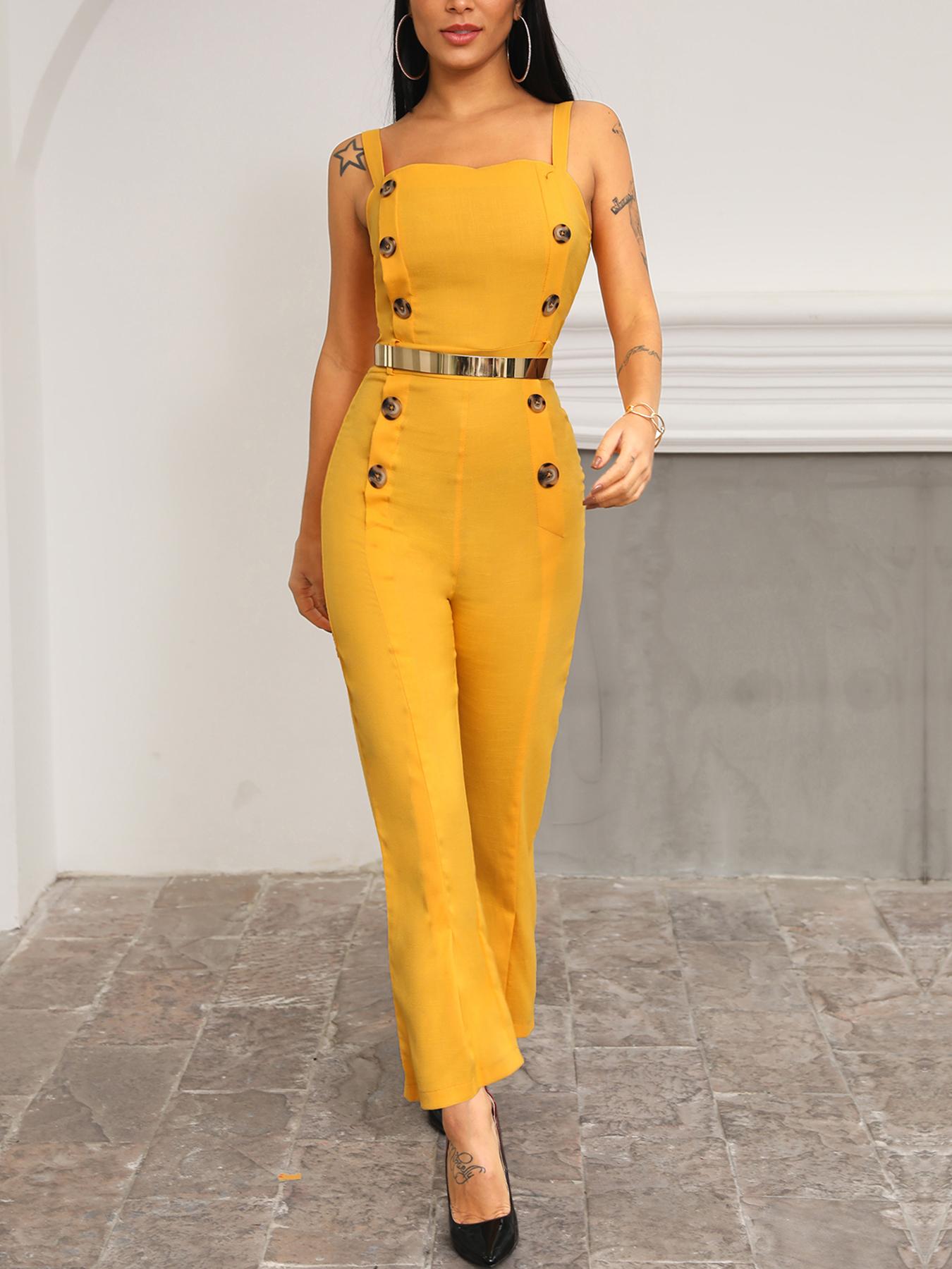 

Solid Double-Breasted Design Self-belt Jumpsuits, Yellow