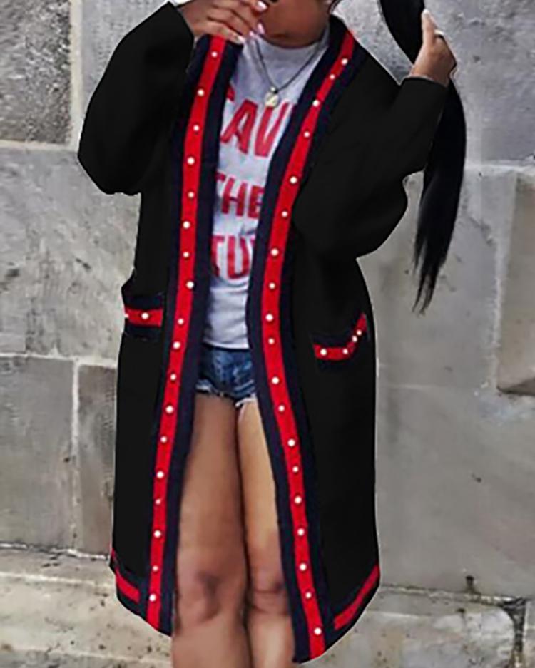 

Stripes Strap Beading Embellished Pocket Cardigan
