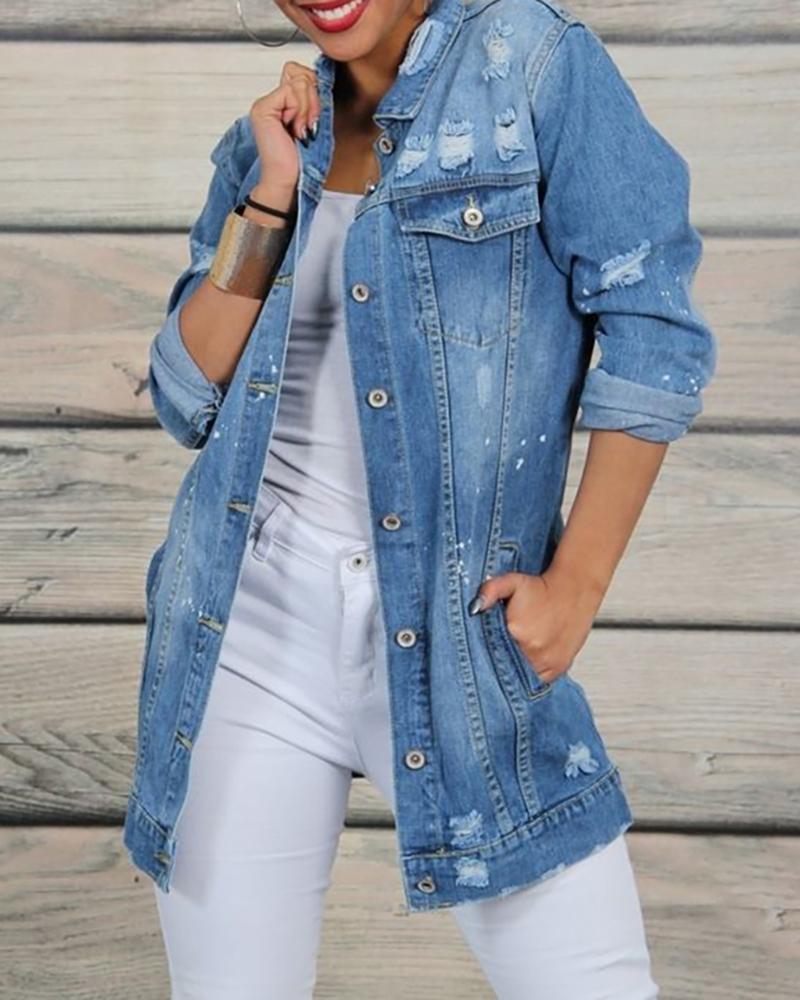 

Ripped Button Design Denim Coat, Light blue