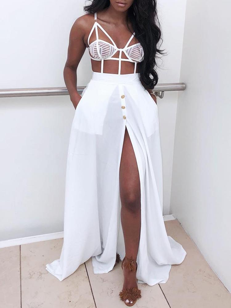 

White Chiffon Button Design High Slit Skirt