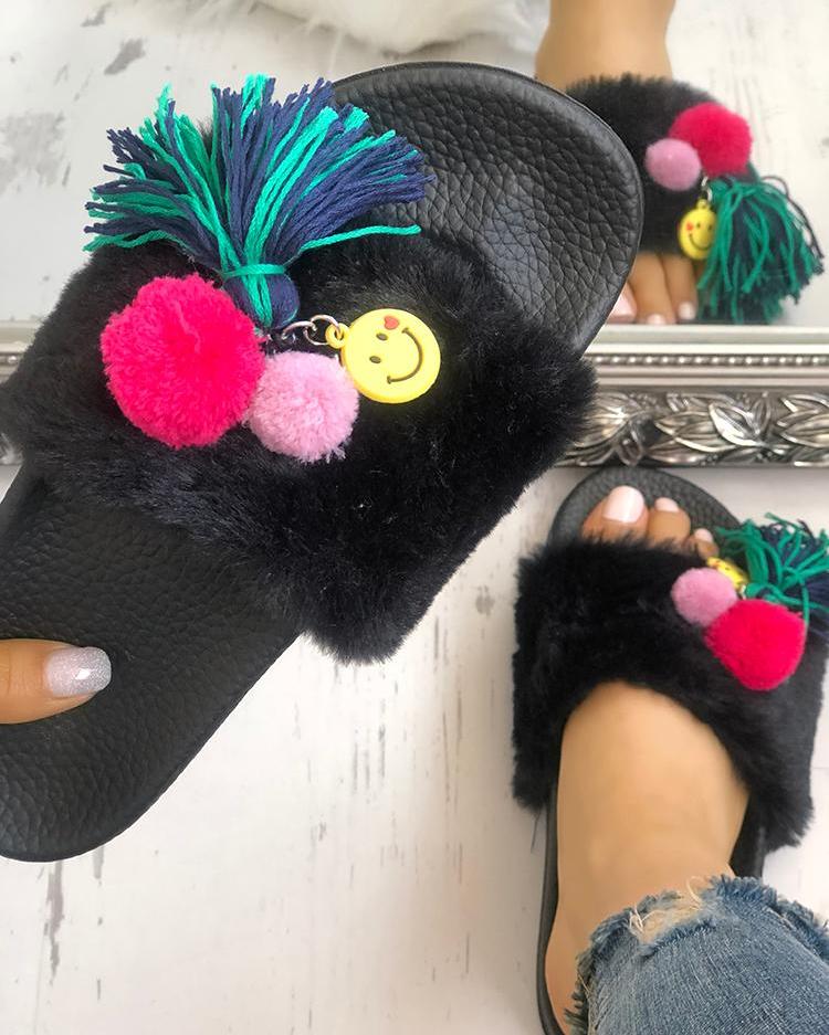 

Pom Poms Tassel Embellished Open Toe Slippers
