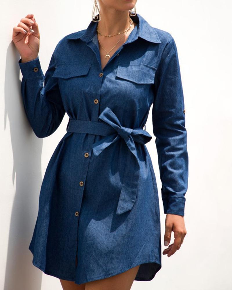 

Waist Tie Denim Shirt Dress, Dark blue