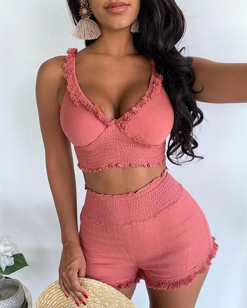 

Solid Frill Hem Fringe Top & Short Sets