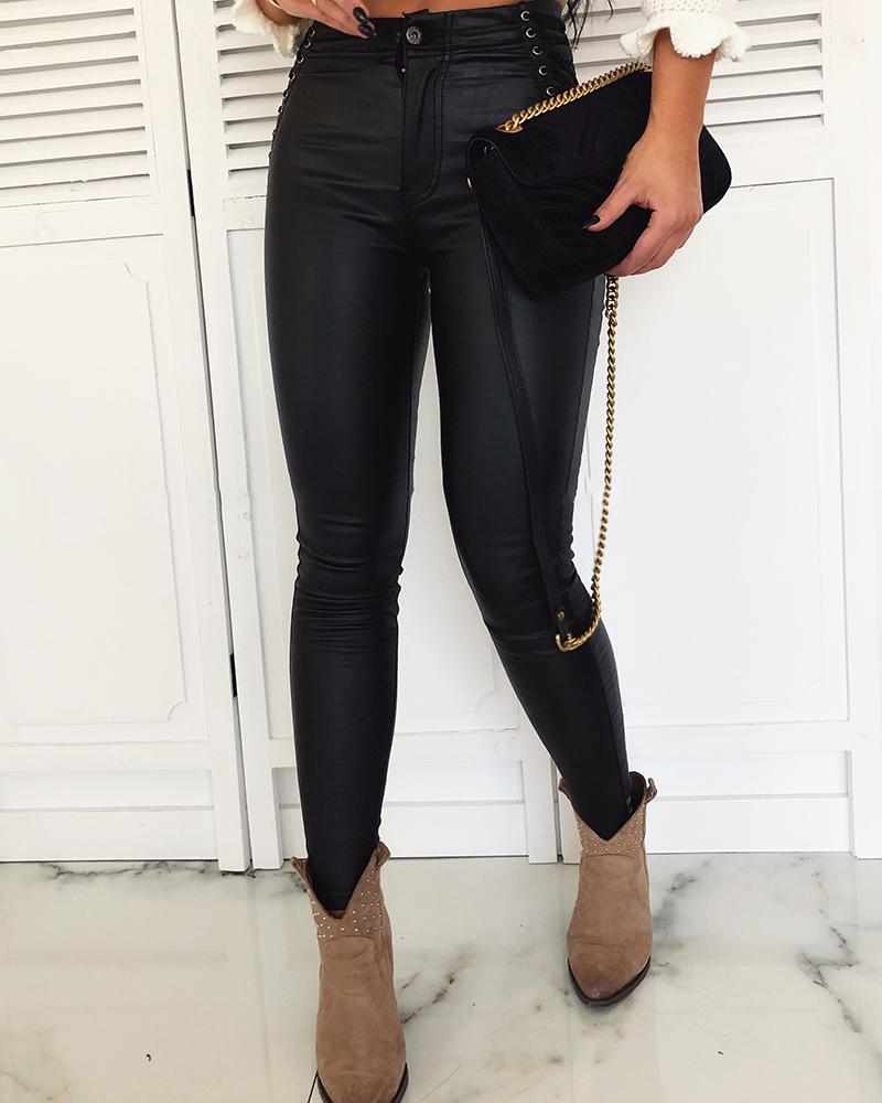 

Eyelet Bandage Faux Leather Pocket Pants, Black