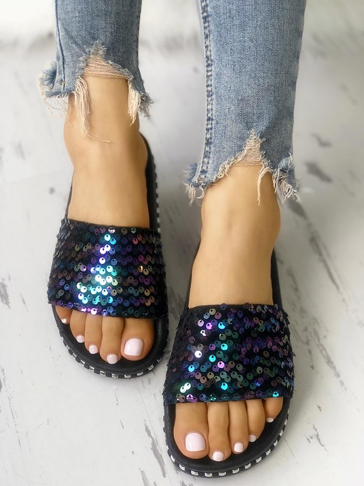 

Rivet Sequins Embellished Peep Toe Flat Sandals, Purple