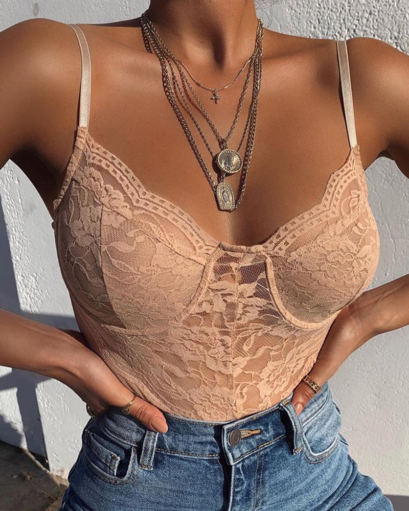 

Crochet Lace Spaghetti Strap Top, Pink