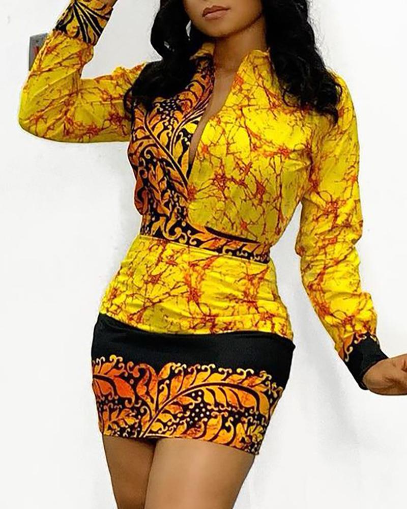 

Colorblock Butt on Front Long Sleeve Top & High Waist Skirt Set, Yellow