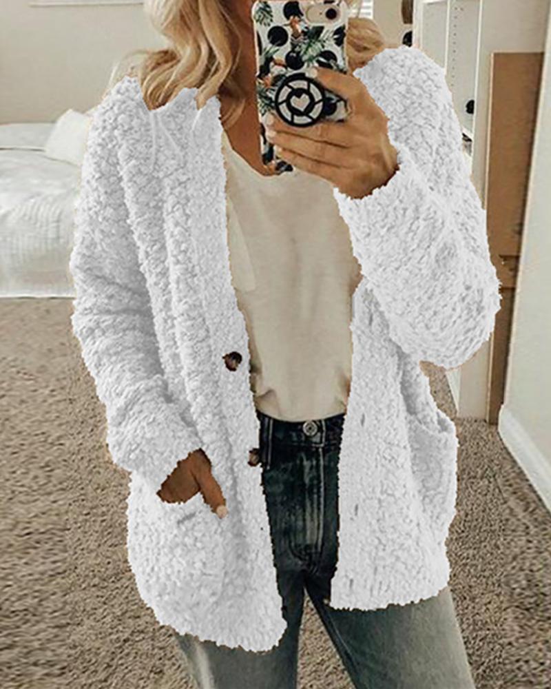 

Fluffy Solid Pocket Long Sleeve Coat, White