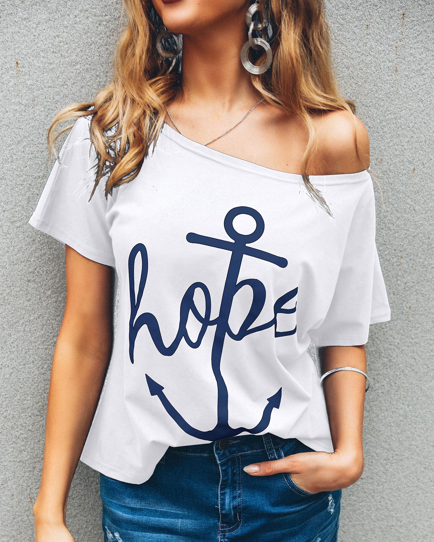 

Off Shoulder Boat Anchor Print T-Shirt, White