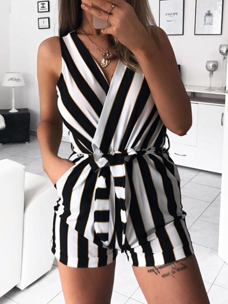

Striped Sleeveless Belted Wrap Romper