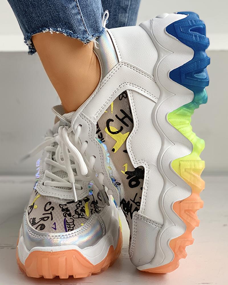 

Letter Print Colorblock Lace-Up Muffin Sneakers, Silver