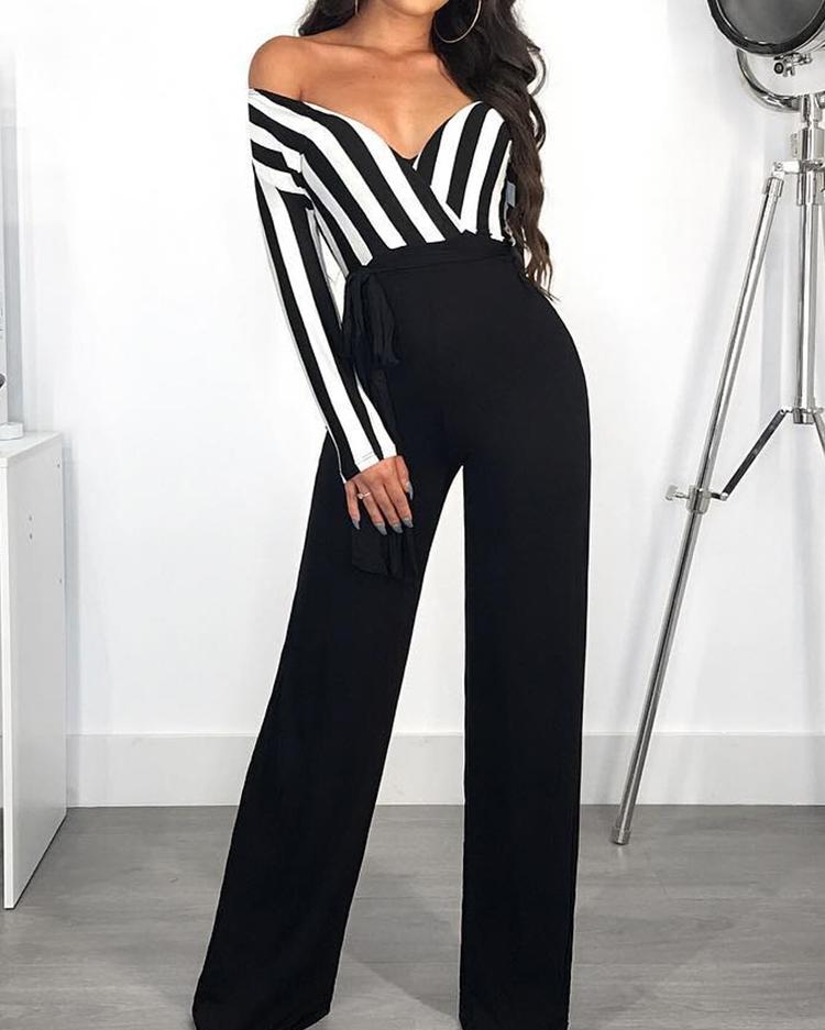 

Off Shoulder Striped Splicing Belted Jumpsuits, Black