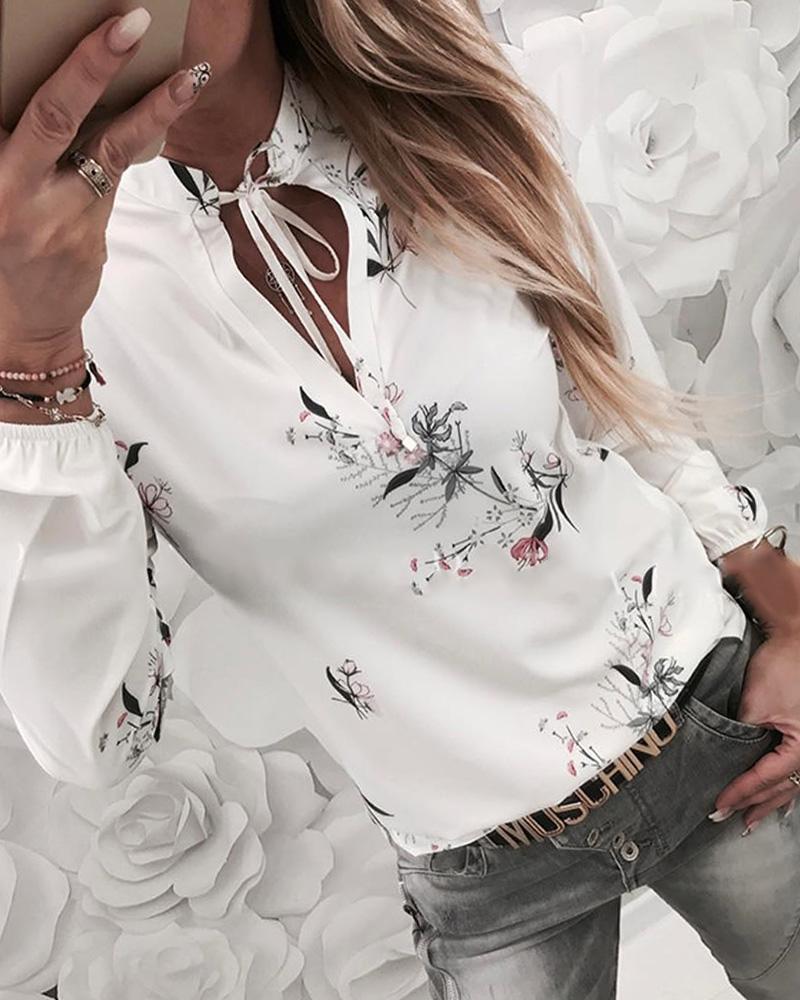 

Floral Print Tied Detail Casual Blouse, White