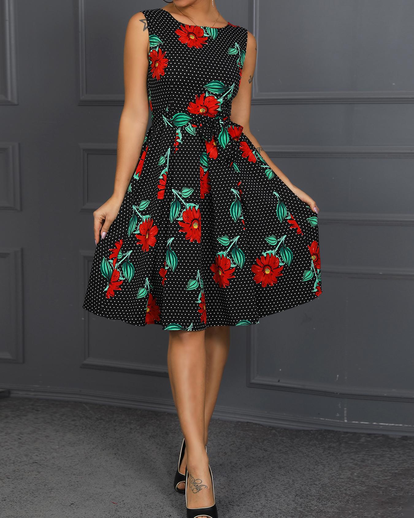 

Floral Print Sleeveless Ruched Dress, Black