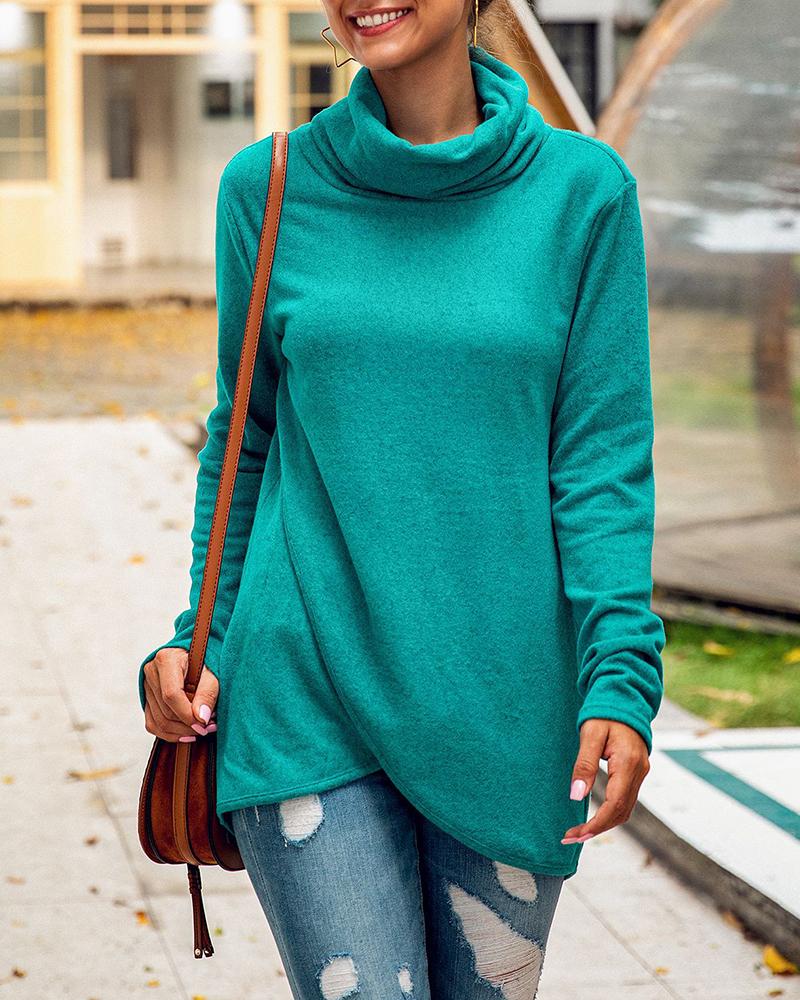 

Solid High Neck Long Sleeve Casual Blouse, Green