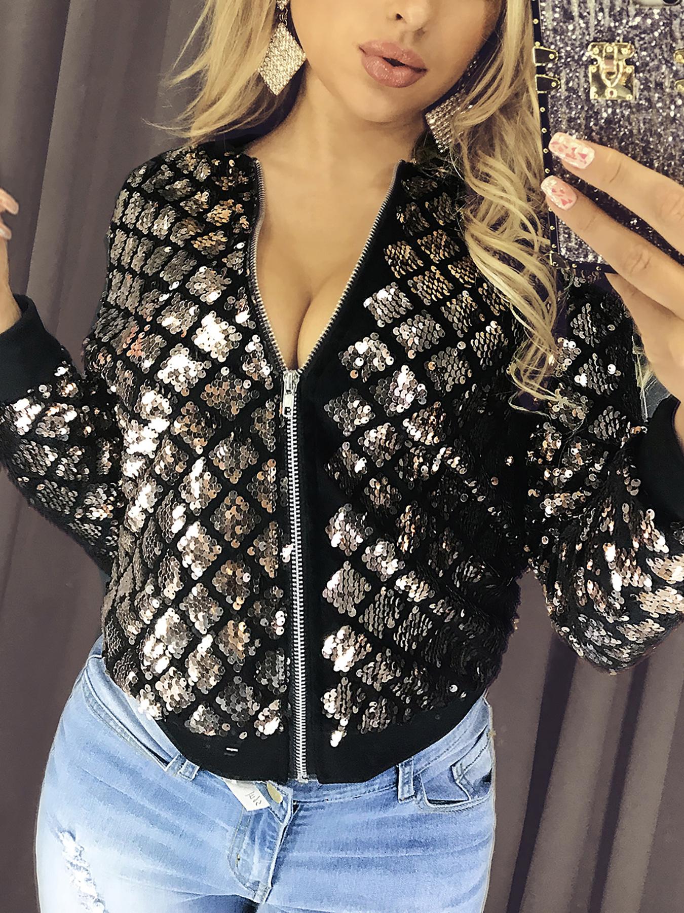 

Geo Sequin Banded Edge Zipper Jacket, Gold