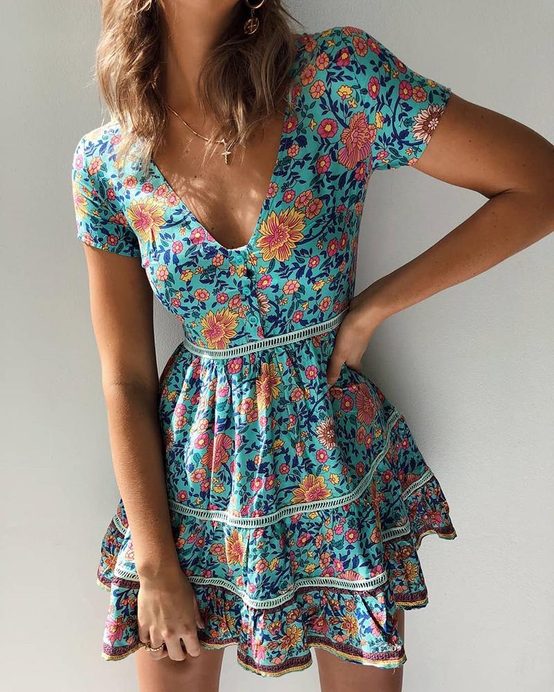

Floral Print Hollow Out Ruffles Dress, Blue