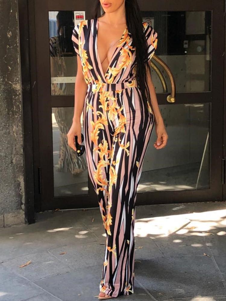 

Retro Digital Print V Neck Jumpsuit, Black