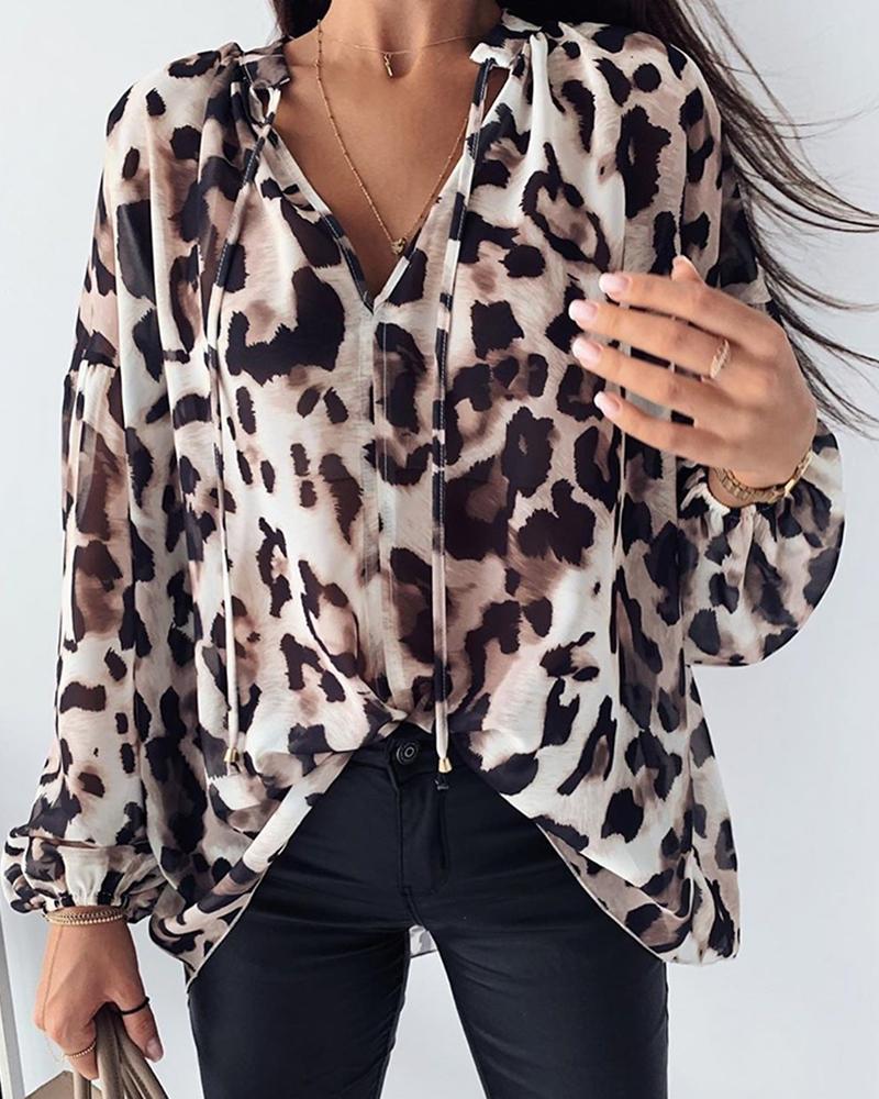 

Leopard Drawstring Design Casual Blouse