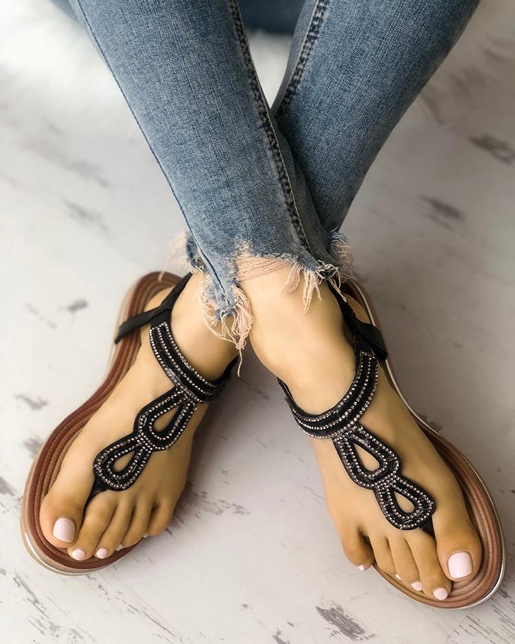 

Sequins Embellished Hollow Out Toe Post Sandals, Black