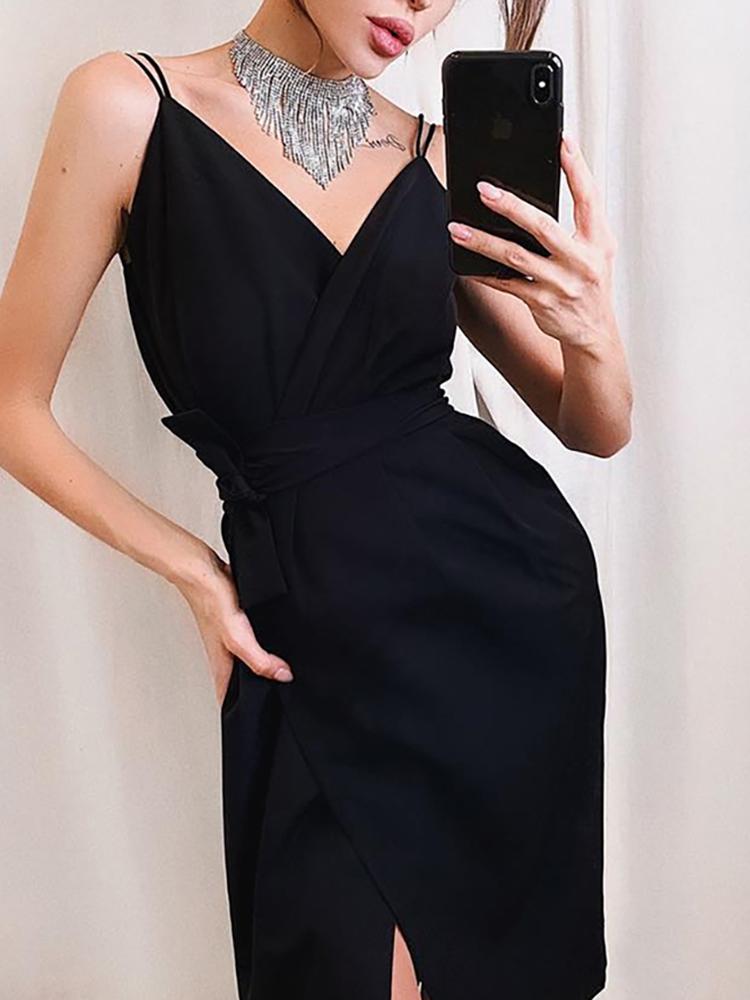 

Double Strap Tied Waist Slit Wrap Dress