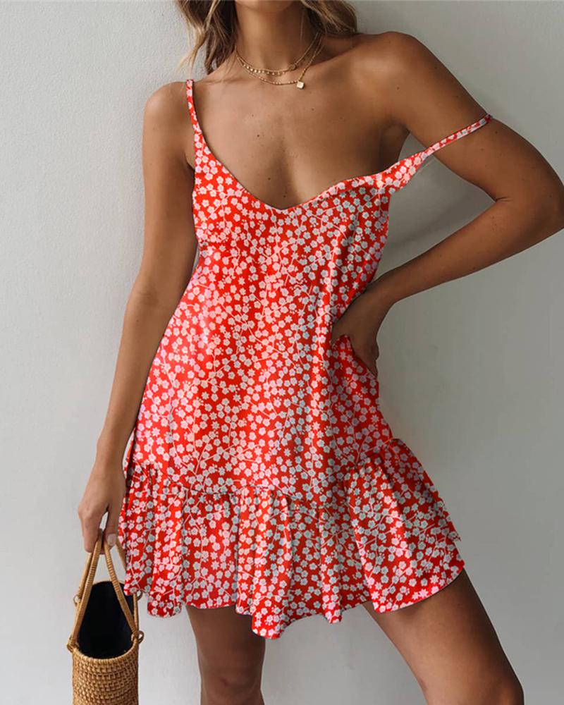 

Spahgetti Strap Floral Print Ruffles Dress, Red