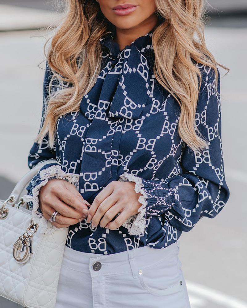 

Print Lace Shirring Cuff Tied Neck Blouse, Blue