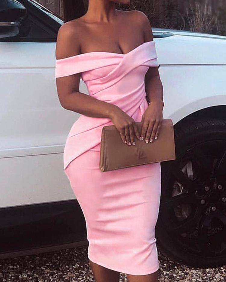 

Cross Over Off Shoulder Ruched Bodycon Dress, Pink