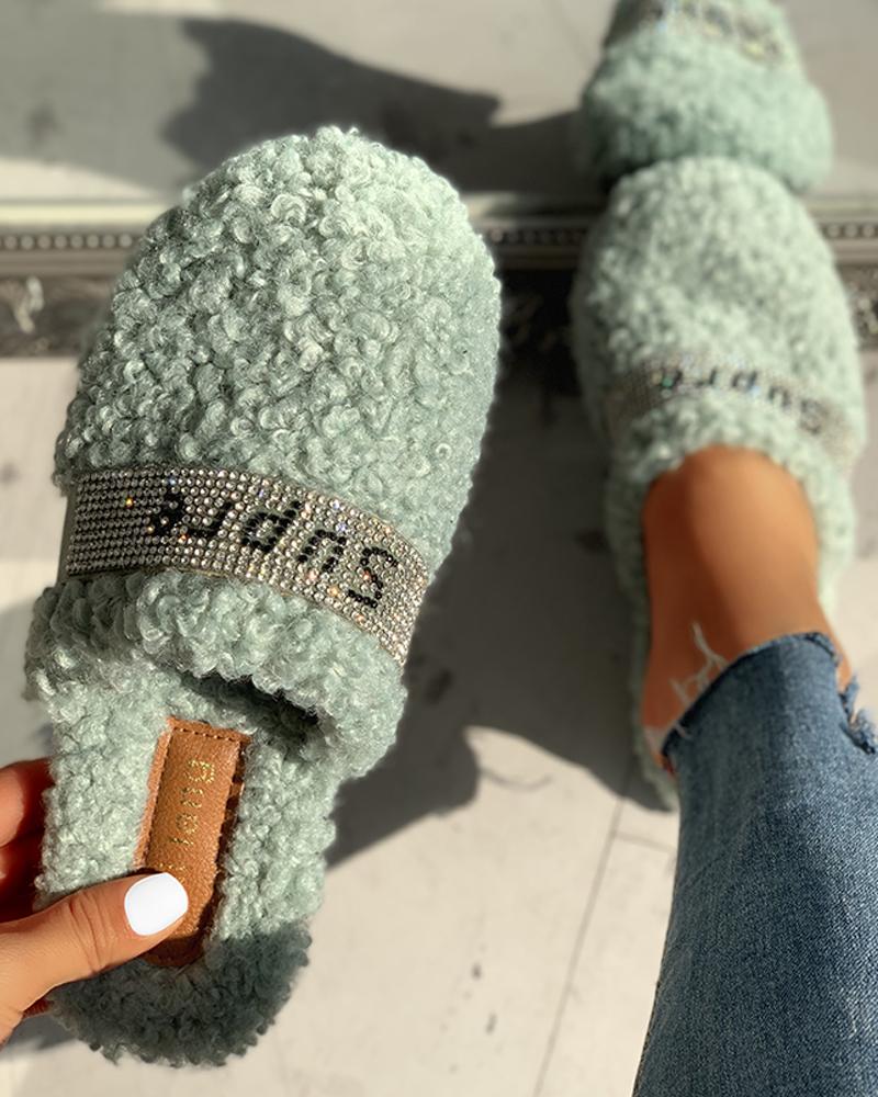 

Fluffy Letter Print Flat Slippers, Green