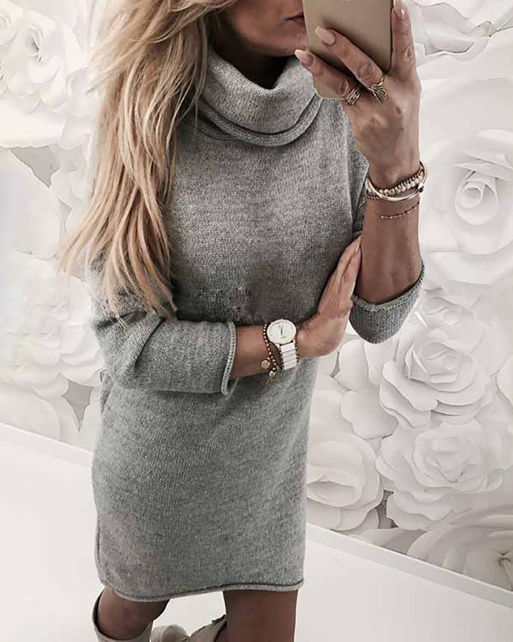 

Turtle Neck Slim Fit Plain Sweater Dress, Gray