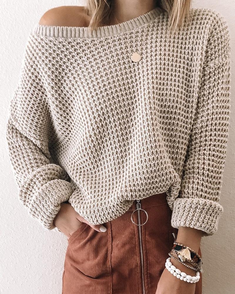 

Solid Knit Long Sleeve One Shoulder Casual Sweater, Beige