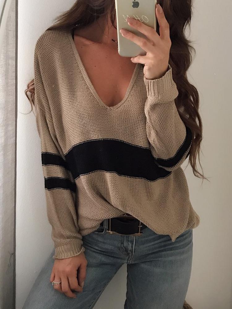 

Contrast Stripes V Neck Casual Sweater - Khaki