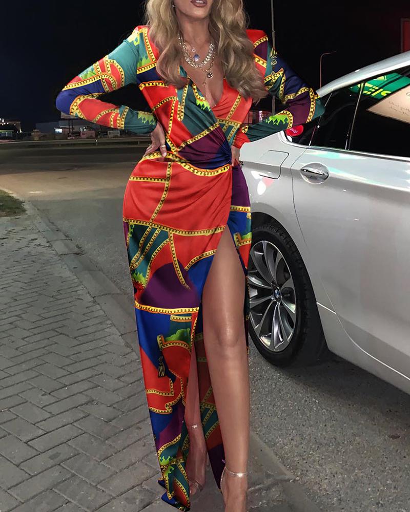 

Chain Print V Neck Thigh Split Maxi Dress, Multicolor