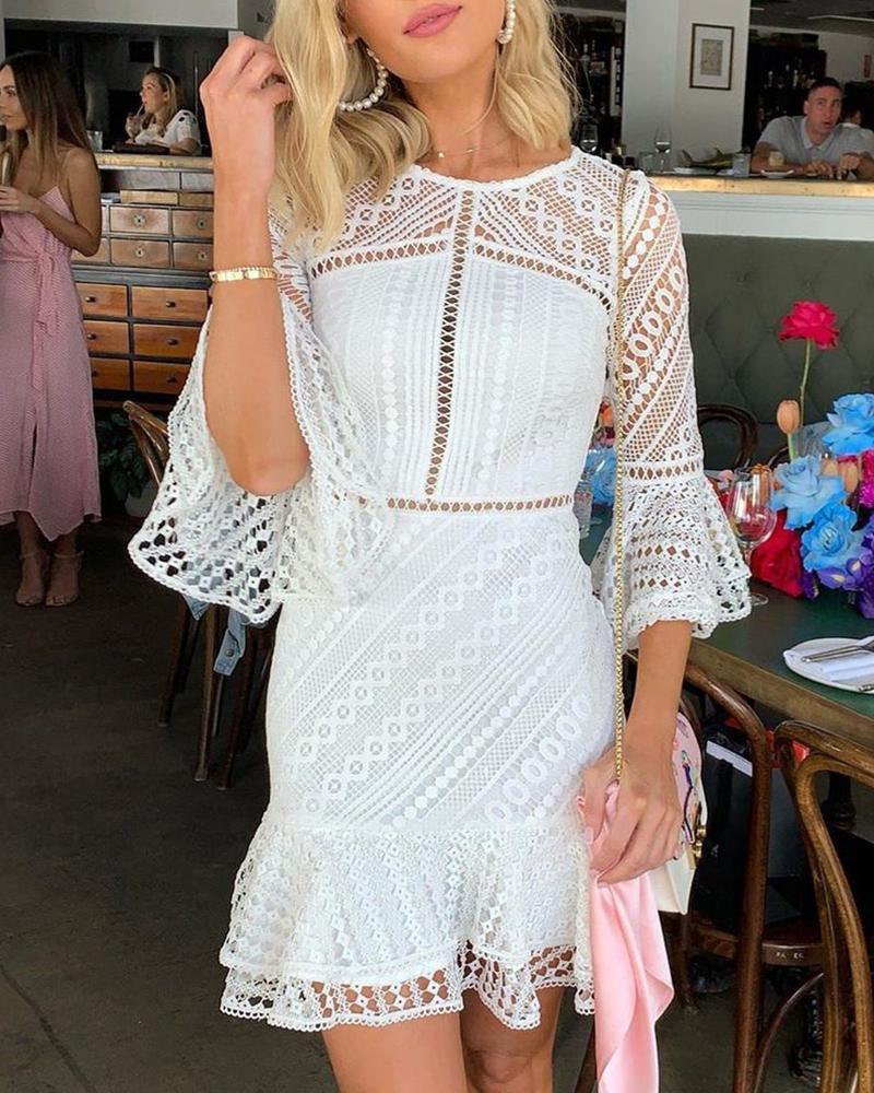 

Lace Hollow Out Bell Cuff Mini Dress, White