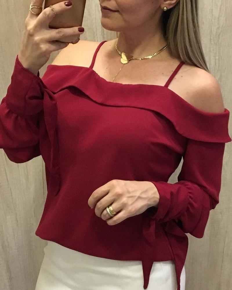 

Cold Shoulder Tied Detail Ruffles Blouse, Red