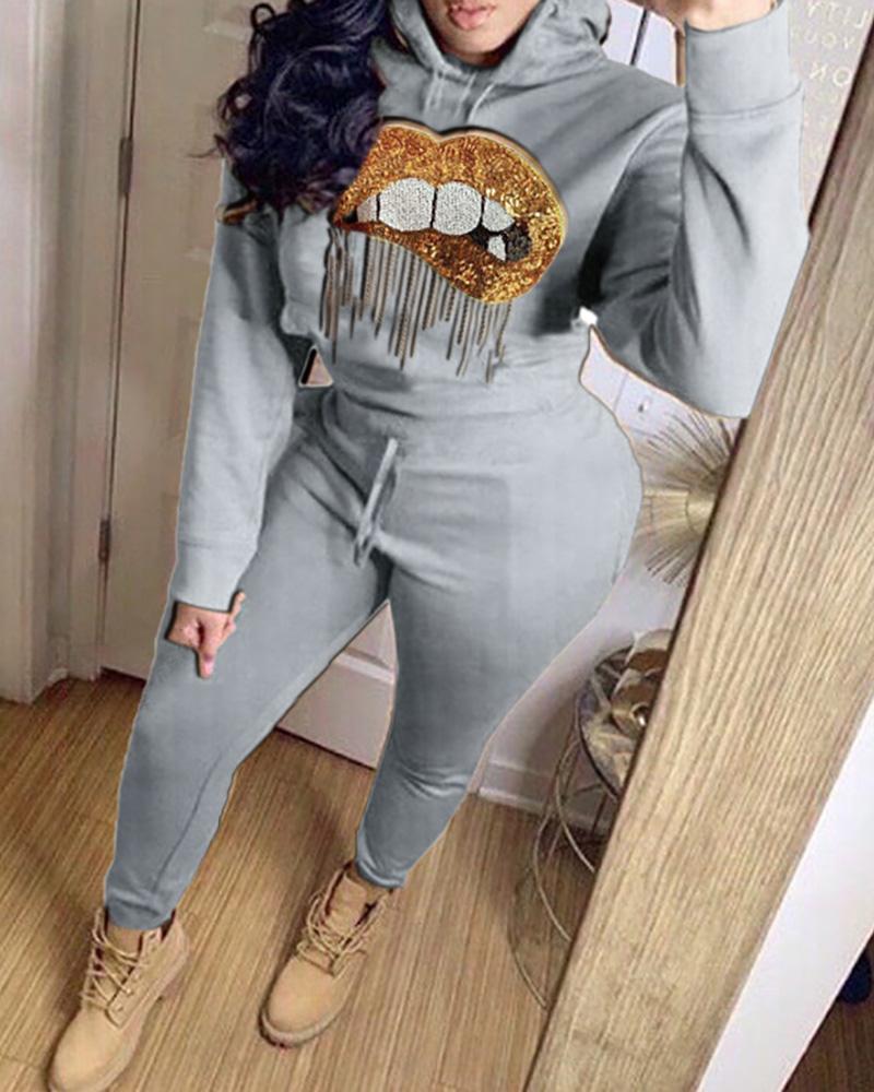 

Hooded Hot Stamping Mouth Pattern Sweatshirt & Pants Sets, Gray