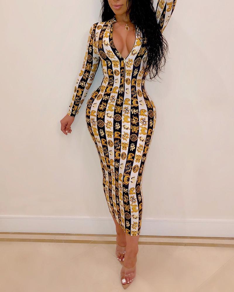 

Deep V Neck Long Sleeve Dress, Gold
