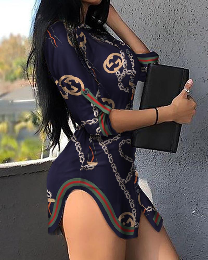 

Chain Print Belted Irregular Shirt Dress, Purplish blue