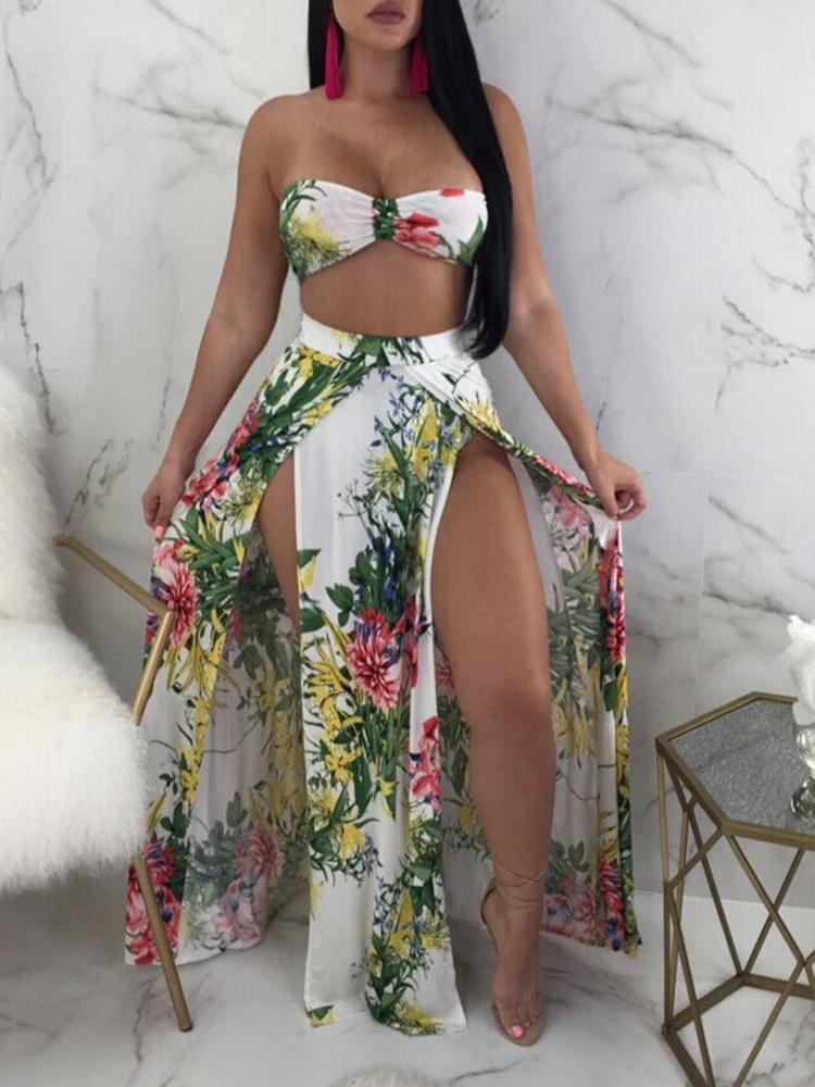 

Floral Bandeau Bikini With Split Maxi Skirt, White