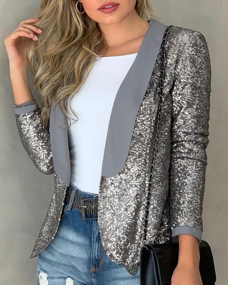 

Long Sleeve Sequins Blazer Coat, Silver