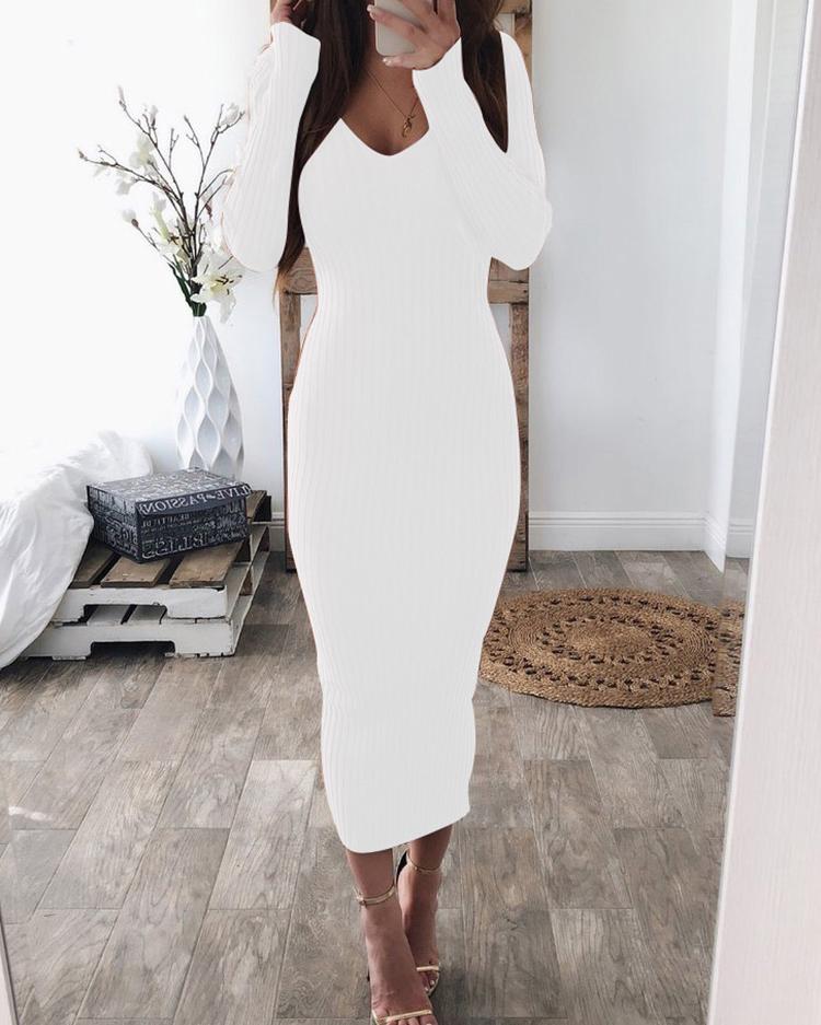 

Solid Double V Long Sleeve Bodycon Dress, White